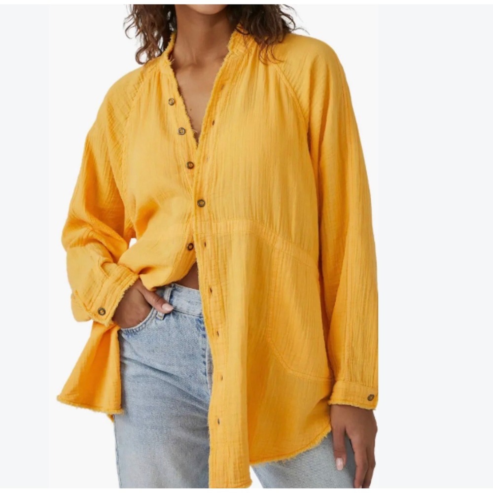 We The Free Free People Yellow Cotton Gauze Oversized Button Down Shirt Small